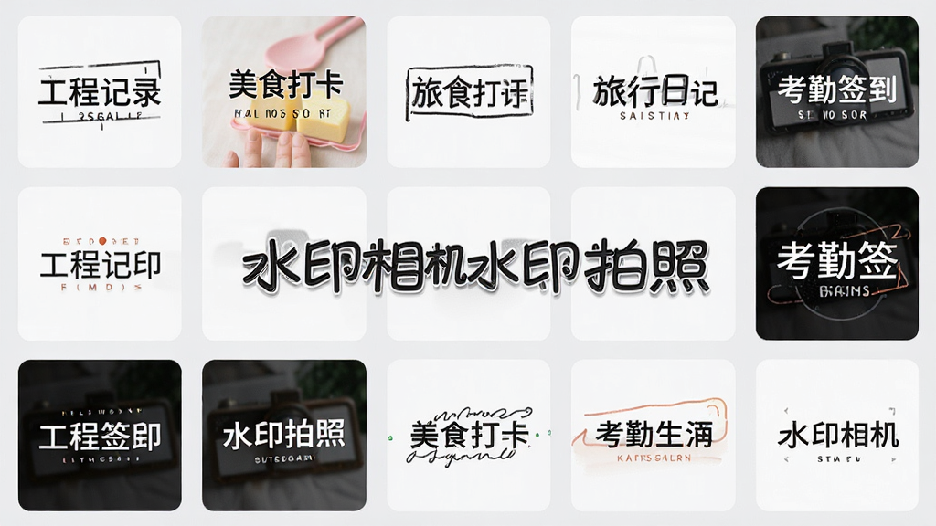 水印相机水印拍照软件的水印模板选择界面,屏幕上以网格形式排列着多种水印样式缩略图,包括工程记录、美食打卡、旅行日记、考勤签到等不同风格,背景为浅灰色,布局整齐清晰,风格简洁明快,细节精致,画质高清,干净无多余元素,图片中文字为“水印相机水印拍照”