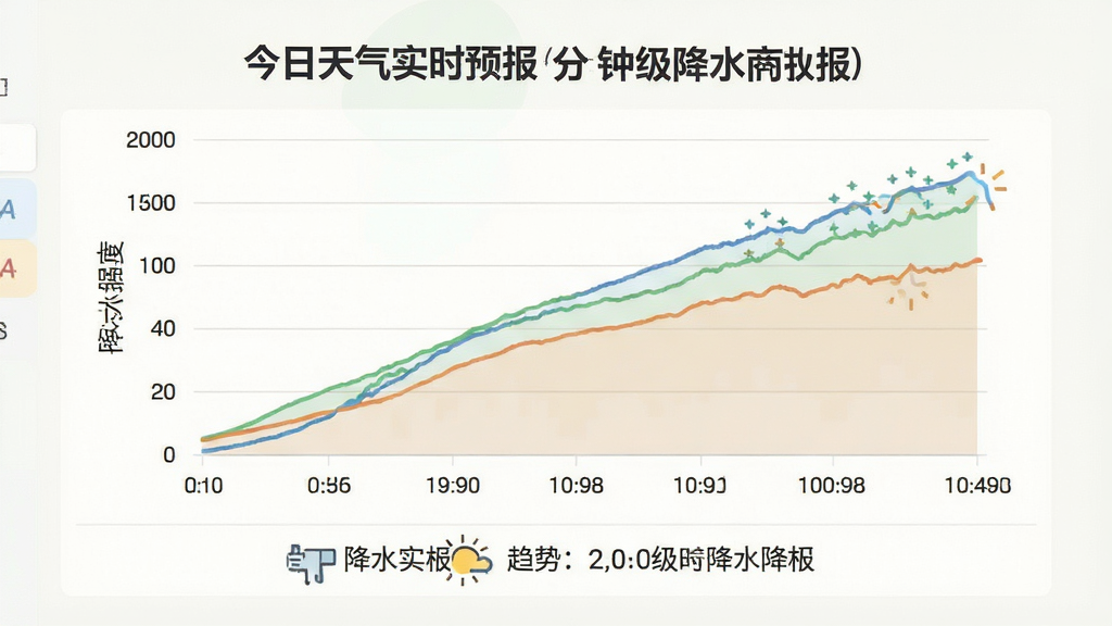 一张今日天气实时预报分钟级降水预报界面的图片,画面中央是降水趋势折线图,横轴为时间,纵轴为降水强度,图表下方有文字说明,背景为浅色,线条清晰,配色舒适,布局合理,画质细腻,干净整洁