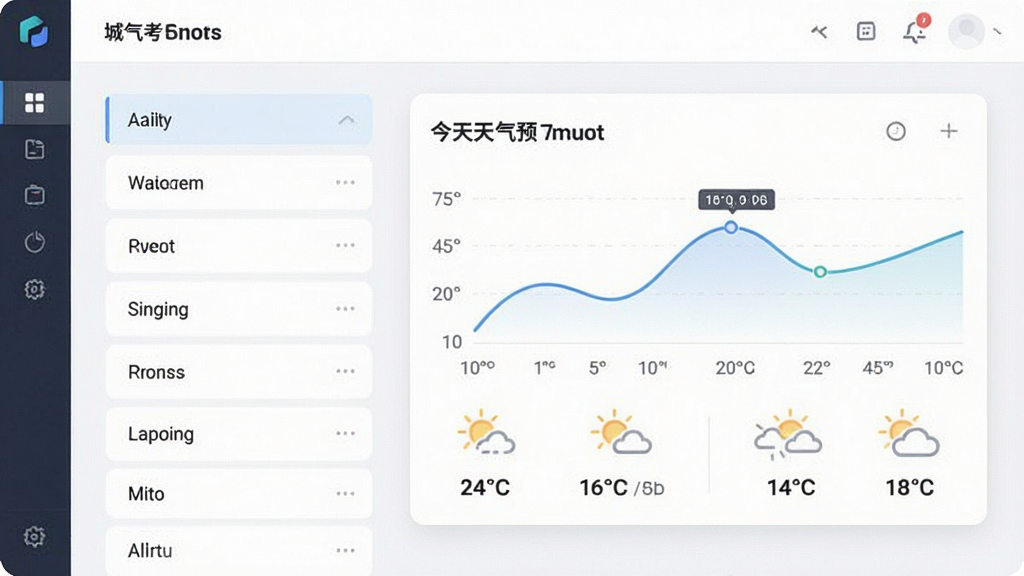 一张展示今日天气实时预报多城市管理界面的图片,画面左侧为城市列表,右侧为选中城市的天气详情卡片,卡片上有温度曲线和天气图标,整体采用卡片式设计,风格现代简约,色彩柔和,布局规整,画质清晰,无杂乱元素