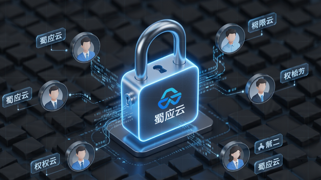 一张体现蜀应云安全权限管理的概念图,画面中央是一把发光的数字锁,锁体表面印有蜀应云Logo,锁的周围环绕着用户头像图标与权限标签,背景为深灰色网格纹理,布局聚焦中心,风格严谨科技,细节处体现加密数据流的线条,画质锐利,无杂乱元素