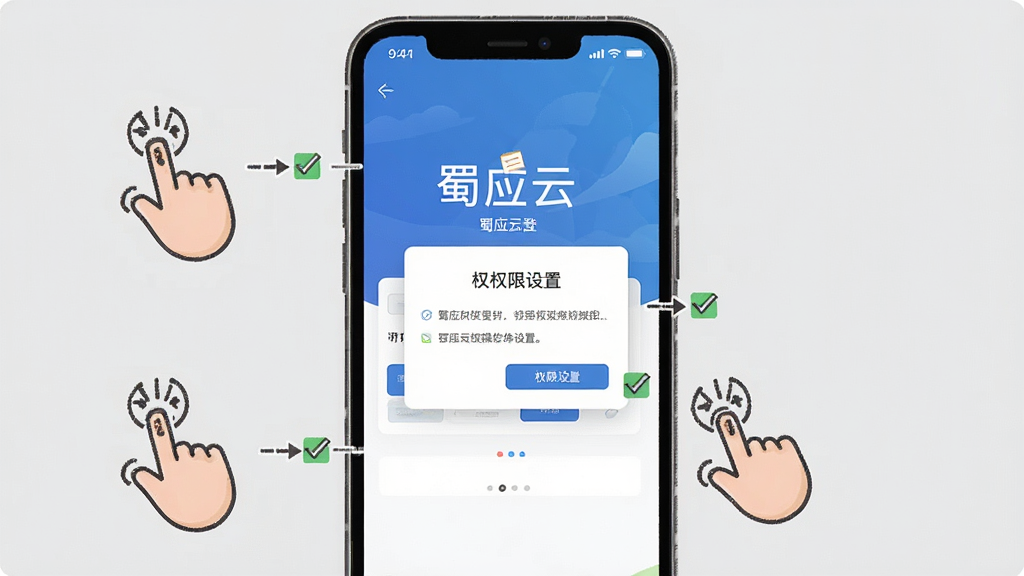一张蜀应云新手操作引导示意图,画面以手机屏幕为主体,屏幕上显示蜀应云登录界面与权限设置弹窗,屏幕旁边有手指点击的图标指示操作步骤,背景为浅灰色,布局清晰,风格教程类插画,细节处标注简单的箭头与勾选符号,画质干净整洁,无多余元素