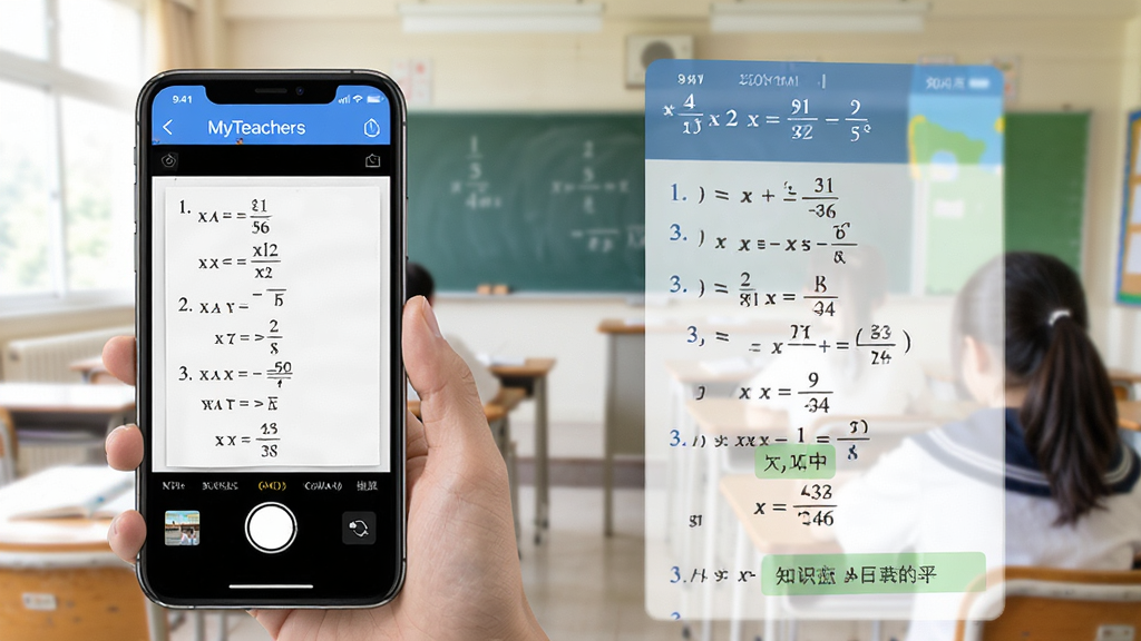 MyTeachers 学科答疑功能界面,画面展示学生通过手机拍照上传数学题目的场景,界面中显示
