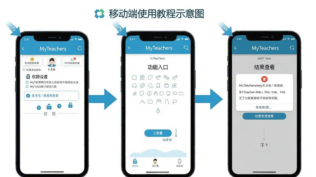 MyTeachers 移动端使用教程示意图,画面展示手机屏幕中软件操作步骤的分解画面,包含权限设置、功能入口点击、结果查看等环节,界面中带有