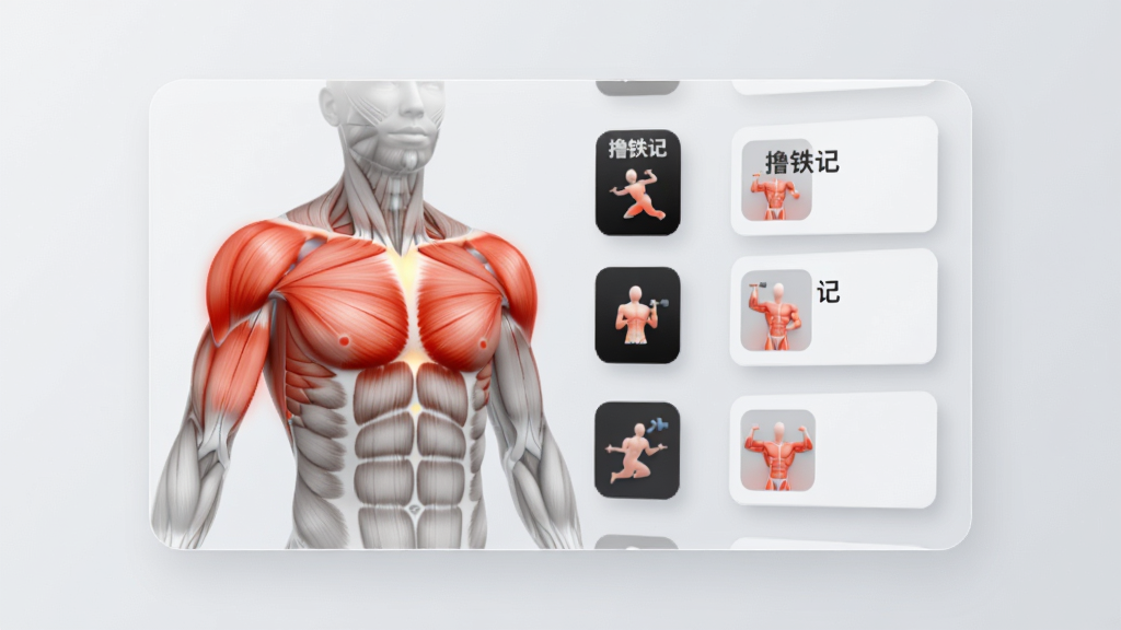 画面中心是一块悬浮的半透明数字屏幕,屏幕上以3D人体模型高亮显示胸大肌、三角肌前束等肌肉部位,旁边排列着“撸铁记”应用内的动作卡片图标,背景为干净的浅灰色,布局采用左右分栏,左侧为人体模型,右侧为动作卡片列表,风格为现代医疗科技风,细节上肌肉高亮部分呈渐变红色,卡片有轻微阴影,画质清晰,干净,无多余元素