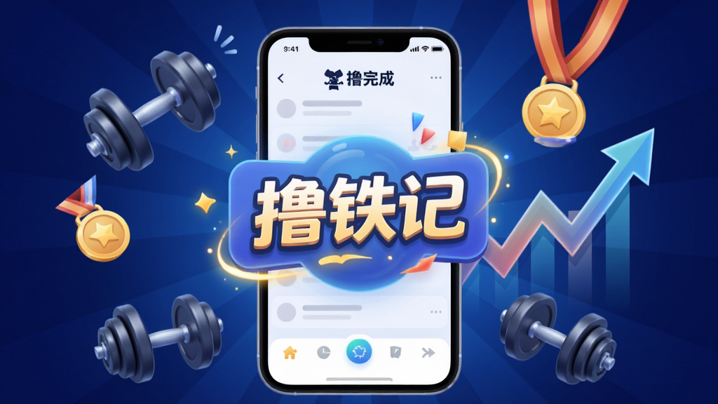 画面中央是一个风格化的手机屏幕,屏幕上显示“撸铁记”应用内的训练完成庆祝动画,周围漂浮着哑铃、奖牌和上升的箭头图表,背景为深蓝色渐变,布局采用中心放射状构图,风格为动感活力风,细节上动画元素带有光效,画质清晰,干净,无多余元素