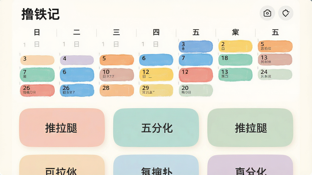 画面上方是“撸铁记”应用中的日历视图,标记着不同颜色的训练日,下方是多个训练计划模板卡片,卡片上写着“推拉腿”、“五分化”等字样,背景为柔和的米白色,布局采用上下结构,上方日历,下方卡片网格,风格为清新简约风,细节上卡片边角圆润,颜色柔和,画质清晰,干净,无多余元素