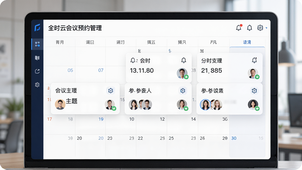 一张展示全时云会议预约管理界面的AI生图,画面主体是日历与会议卡片组合,卡片上显示会议时间、主题和参会人头像,布局清晰,风格简洁商务,细节包括提醒铃铛和设置齿轮图标,画质清晰,干净,无多余元素。