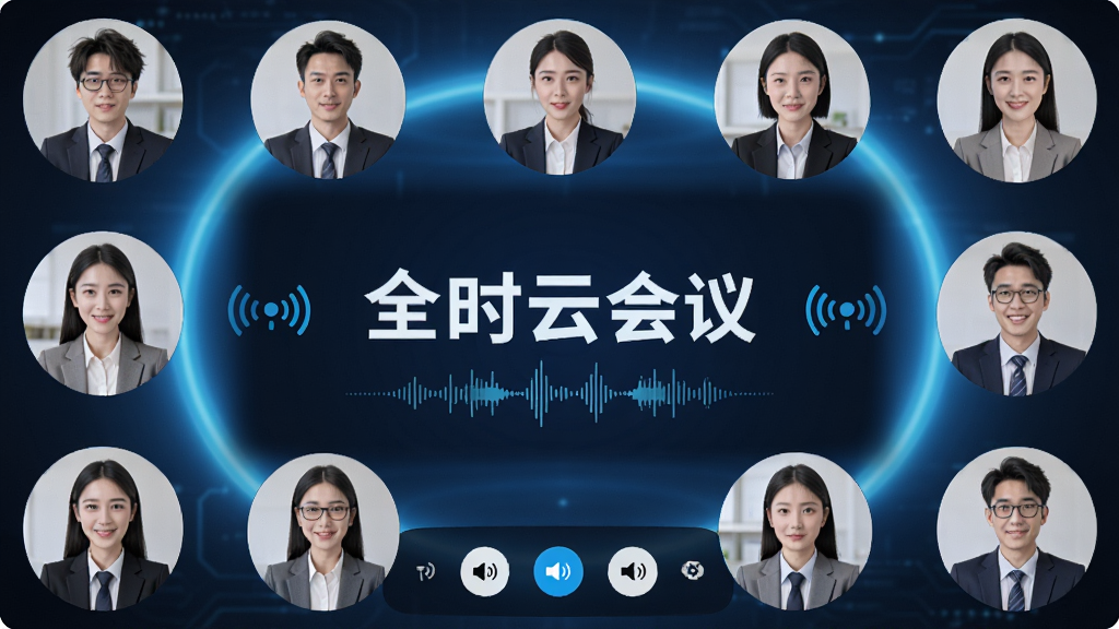 一张以“全时云会议”为主题的AI生图,画面主体是一个高清视频会议场景,多位参会者以圆形头像环绕在屏幕中央,背景是科技感的蓝色光晕,布局对称,风格商务简约,细节包括清晰的音视频波形图和网络信号图标,画质清晰,干净,无多余元素。