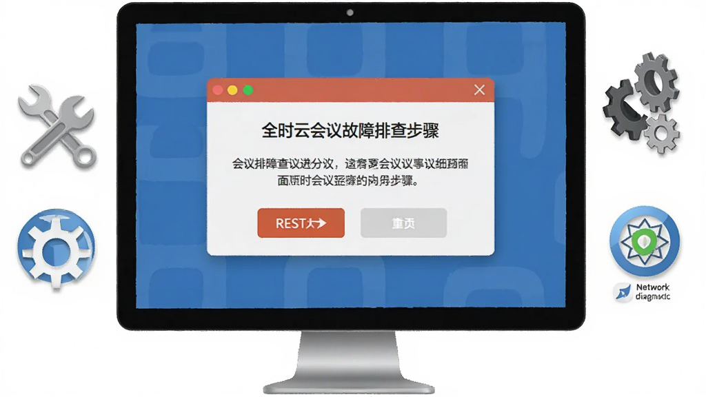 一张展示全时云会议故障排查步骤的AI生图,画面主体是电脑屏幕显示错误提示窗口,旁边有扳手和齿轮图标,布局简洁,风格实用指南,细节包括重启按钮和网络诊断图标,画质清晰,干净,无多余元素。