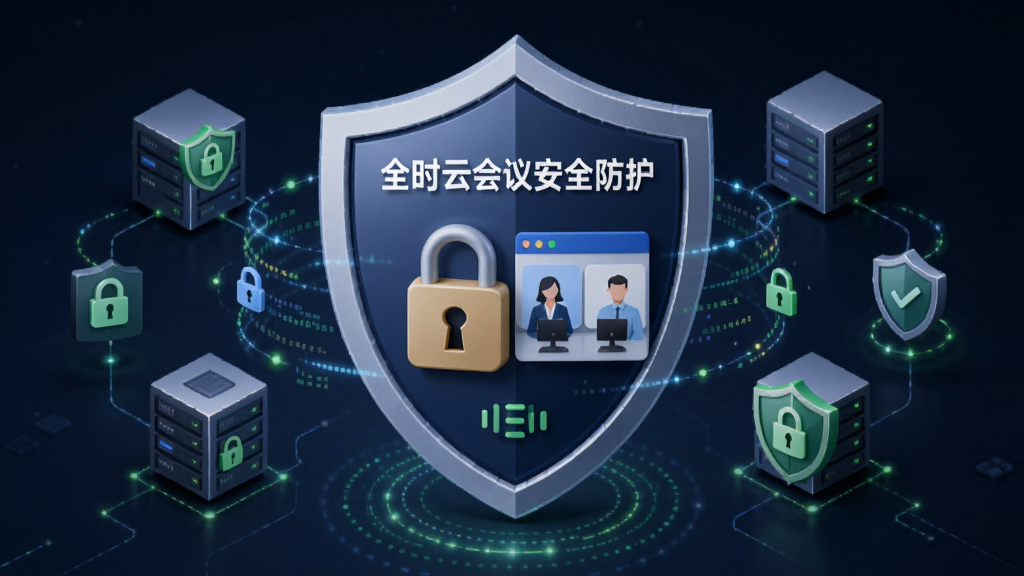 一张以“全时云会议安全防护”为主题的AI生图,画面中央是一个盾牌图标,盾牌内部显示加密锁和会议窗口,周围环绕着数据流和服务器节点,布局居中,风格安全可靠,细节包括加密符号和绿色安全标识,画质清晰,干净,无多余元素。