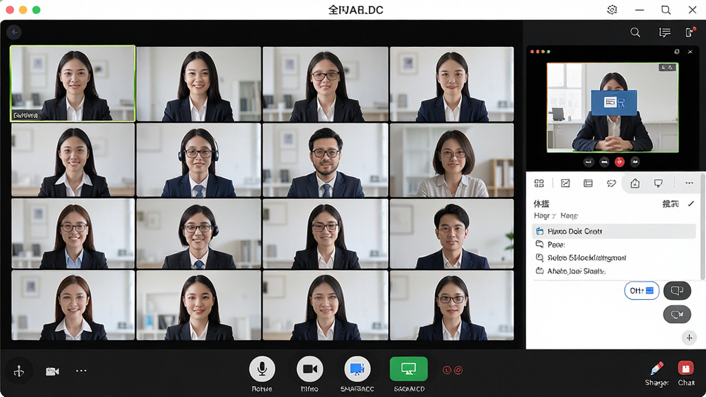 一张展示全时云会议软件界面的宽幅图片,画面中央是清晰的多方视频会议窗口,参会者头像整齐排列,右侧有屏幕共享和聊天面板,底部工具栏显示麦克风、摄像头、共享屏幕等按钮。整体布局简洁商务,风格现代专业,细节包括高清画质和直观图标,画质清晰,干净,无多余元素。