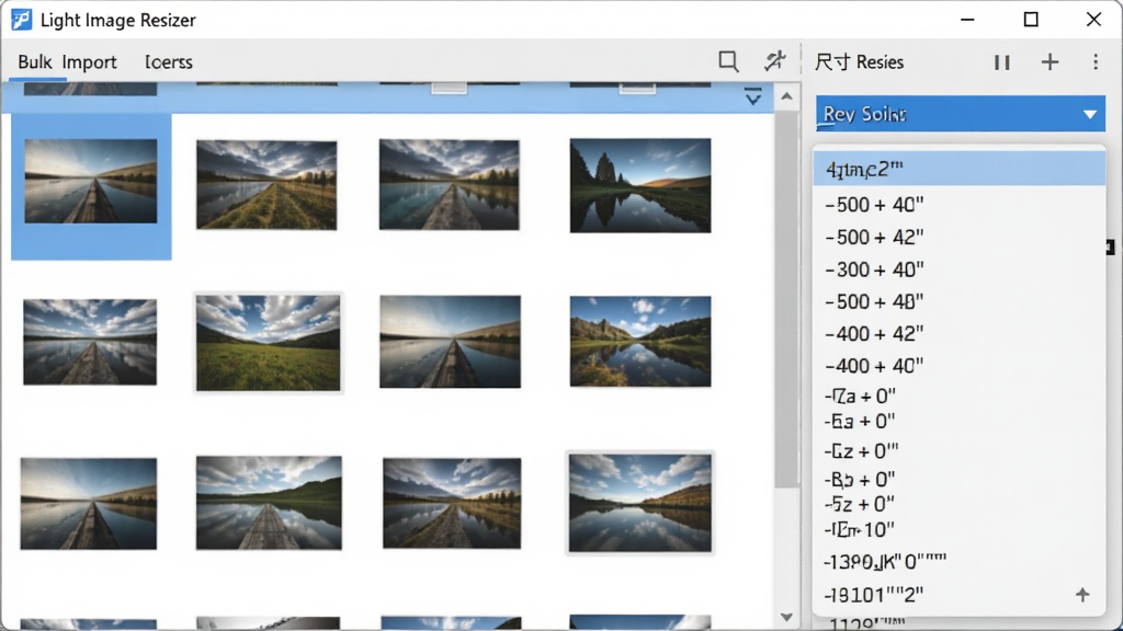Light Image Resizer 软件界面特写图,展示批量导入多张图片后的列表视图和右侧尺寸预设下拉菜单,菜单中清晰可见多种常用尺寸选项,界面风格为现代扁平化设计,色彩以蓝白灰为主,画面干净,高清画质,无多余元素