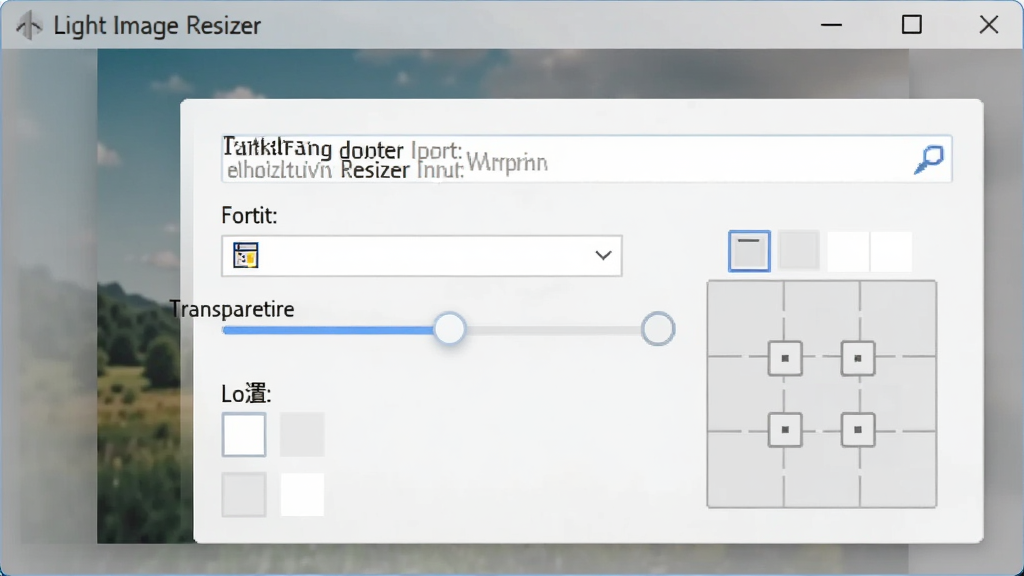 Light Image Resizer 软件中水印设置面板的截图,面板上显示文字水印输入框、字体选择器、透明度滑块和位置九宫格选项,背景是正在处理的图片缩略图,整体风格简洁专业,色彩柔和,高清画质,画面干净