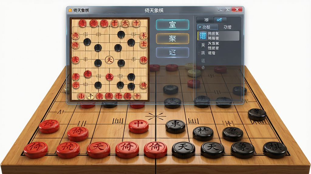 画面中央是一张木质纹理的中国象棋棋盘,红黑双方棋子整齐摆放,棋盘上方悬浮着半透明的软件界面窗口,窗口标题为“倚天象棋”,左侧布局为棋盘区域,右侧布局为功能按钮与棋谱列表,整体风格为写实与科技感结合,细节包括棋子的光泽、木纹的质感、界面按钮的微光效果,画质清晰,干净,无多余元素