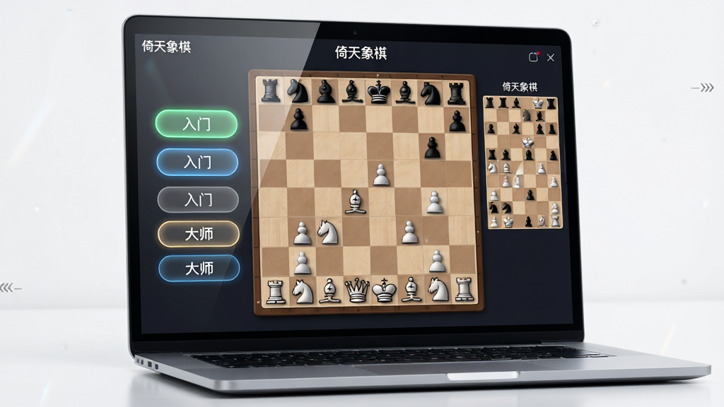 画面主体为一台笔记本电脑屏幕,屏幕中显示“倚天象棋”对弈界面,棋盘左侧有一列难度选择按钮,从“入门”到“大师”依次排列,右侧显示当前对局棋谱,布局为居中展示,风格为简约科技风,细节包括屏幕反光、按钮高亮、棋子立体感,画质清晰,干净,无多余元素