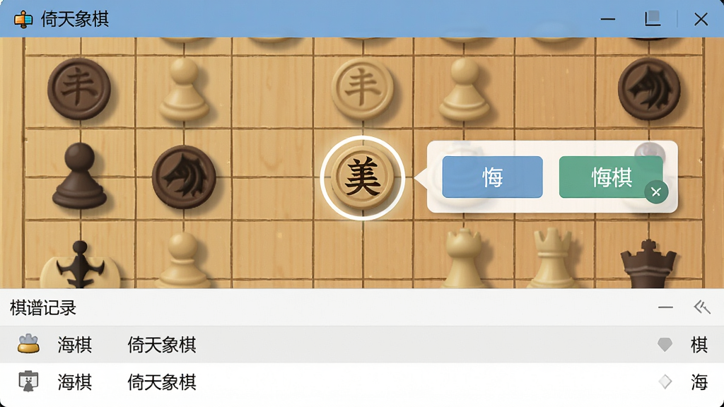 画面为“倚天象棋”软件操作界面特写,棋盘上有一枚棋子被高亮标记,旁边弹出悔棋按钮与提示按钮,界面下方显示棋谱记录列表,布局为局部放大展示,风格为清爽扁平化,细节包括按钮图标、棋子阴影、棋谱文字清晰,画质清晰,干净,无多余元素