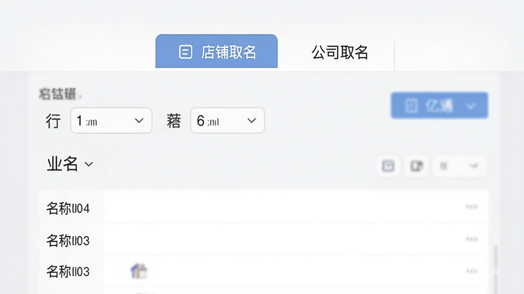 一张展示亿名通店铺公司取名软件双模式切换功能的图片,画面中软件顶部有“店铺取名”和“公司取名”两个标签页,当前显示店铺取名界面,下方有行业筛选和名称列表,背景为浅灰色,风格清爽,画质清晰,无多余元素