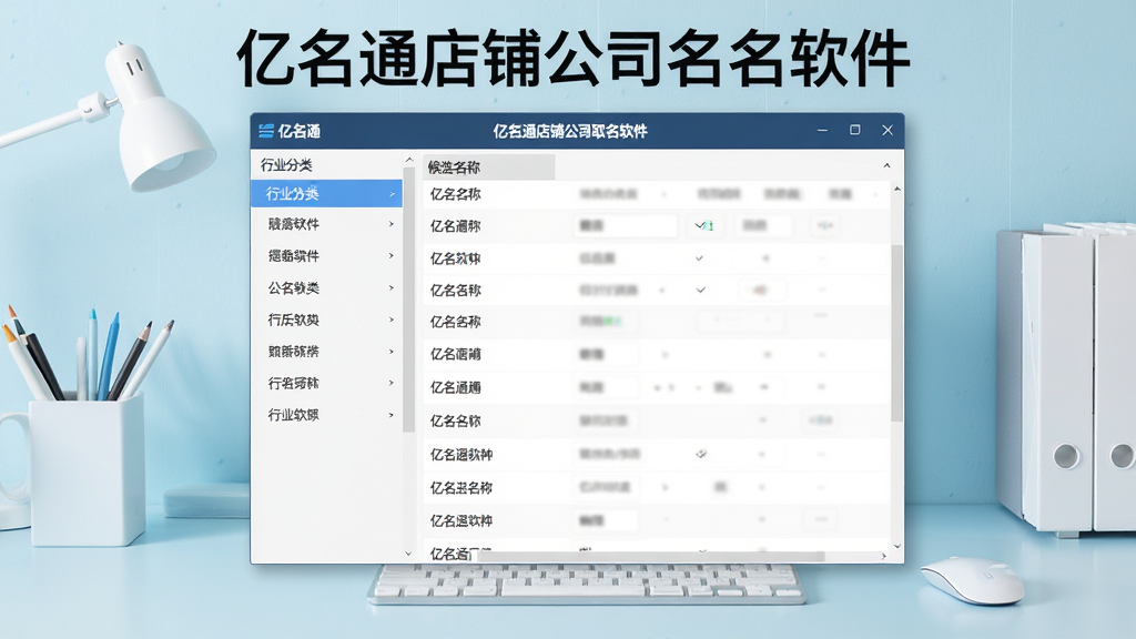 一张展示亿名通店铺公司取名软件界面的图片,画面中央是软件主窗口,左侧为行业分类菜单,右侧为候选名称列表,窗口上方标注“亿名通店铺公司取名软件”字样,背景为简洁的浅蓝色办公桌面,整体风格商务清爽,细节清晰,画质干净,无多余元素
