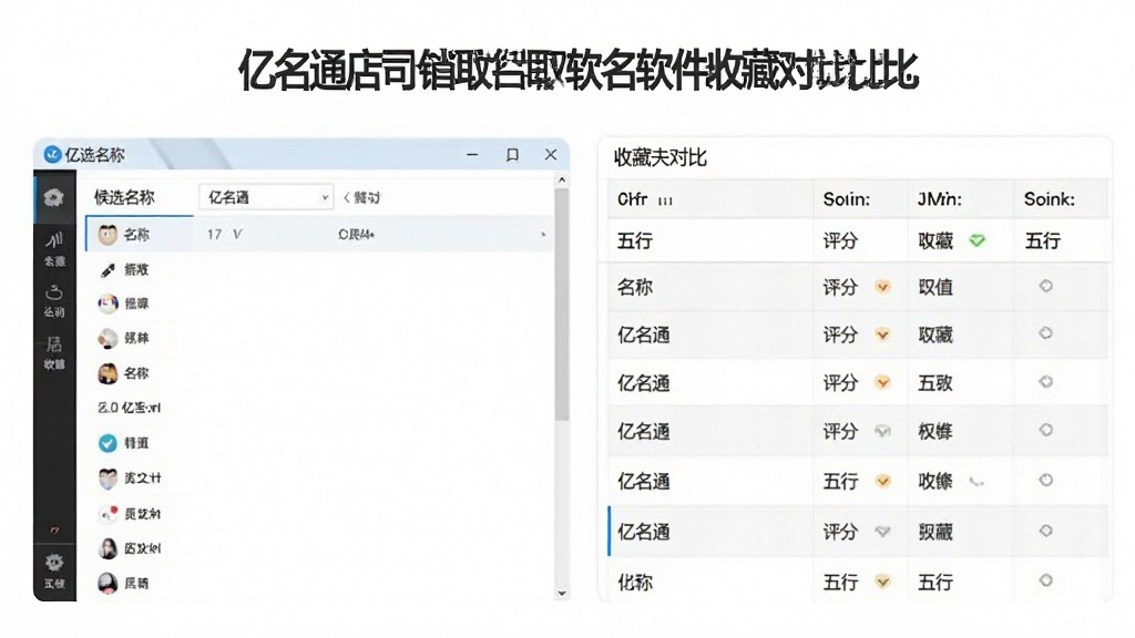 一张展示亿名通店铺公司取名软件收藏对比功能的图片,画面中软件界面左侧为候选名称列表,右侧为收藏夹对比表格,表格中列出名称、评分、五行等字段,背景为白色,风格简洁实用,画质干净,无多余元素