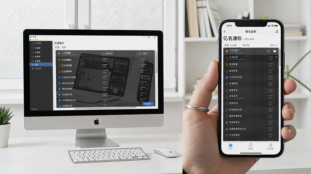 一张展示亿名通店铺公司取名软件在电脑和手机上同时运行的图片,左侧为电脑端软件界面,右侧为手机端应用界面,两者均显示店铺名称生成列表,背景为干净的桌面和手持手机的场景,风格真实自然,画质清晰,无多余元素