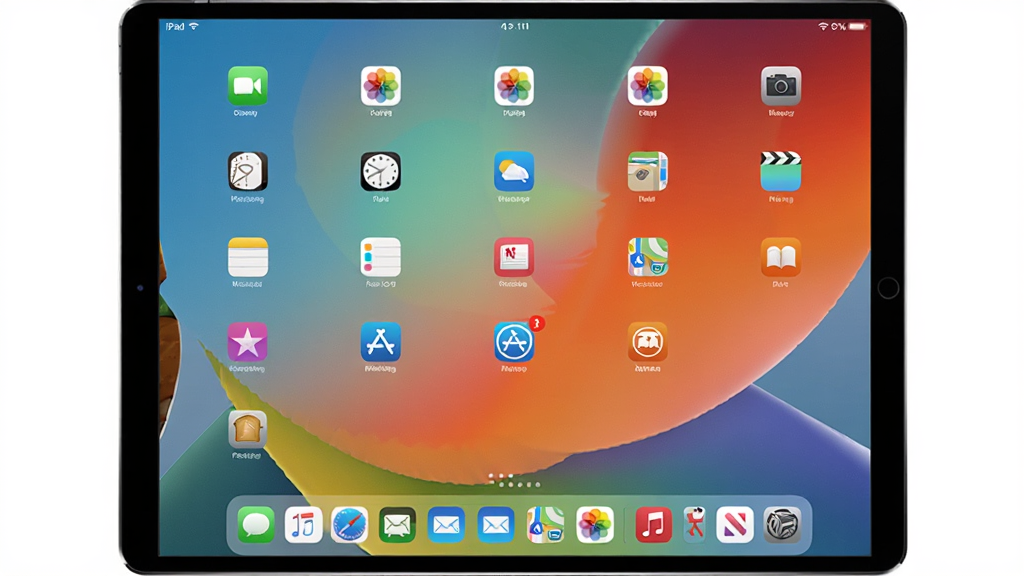 一张 iPad for Windows 软件运行时的桌面截图,主体是电脑屏幕上显示 iPad 风格主界面,布局为图标网格加底部 Dock,排版整齐,风格为拟真平板 UI,细节包括图标高光、壁纸渐变、顶部时间显示,画质清晰,画面干净,无多余元素