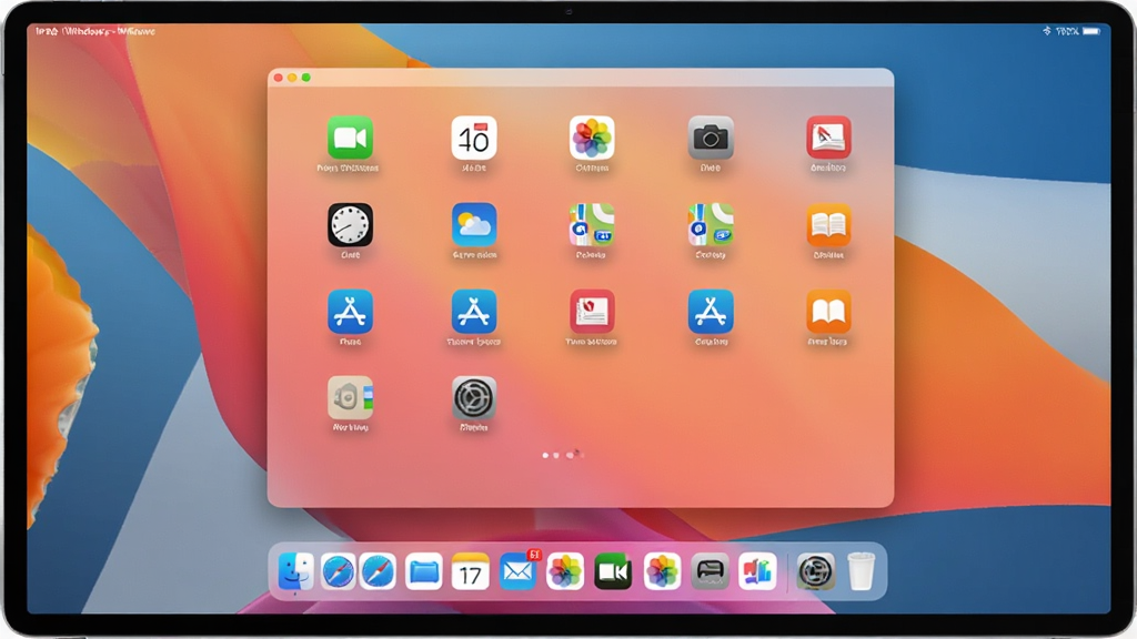一张展示 iPad for Windows 软件界面的全景图,主体是 Windows 电脑屏幕上运行着 iPad 风格的桌面,布局包含顶部状态栏、圆角应用图标网格、底部 Dock 栏,排版居中清晰,风格为现代科技感 UI 截图,细节包括图标阴影、壁纸渐变、窗口边框,画质高清 1080P,画面干净,无多余元素