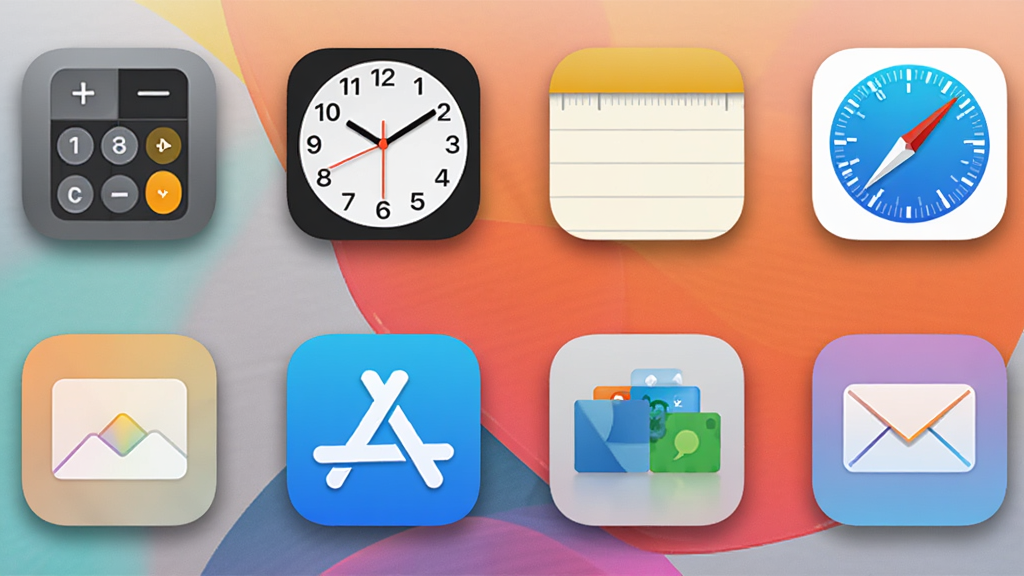 一组 iPad for Windows 内置应用图标合集图,主体是计算器、时钟、备忘录、浏览器等图标,布局为 2 行 4 列网格,排版整齐,风格为扁平化拟物图标,细节包括图标圆角、渐变底色、轻微投影,画质高清,画面干净,无多余元素
