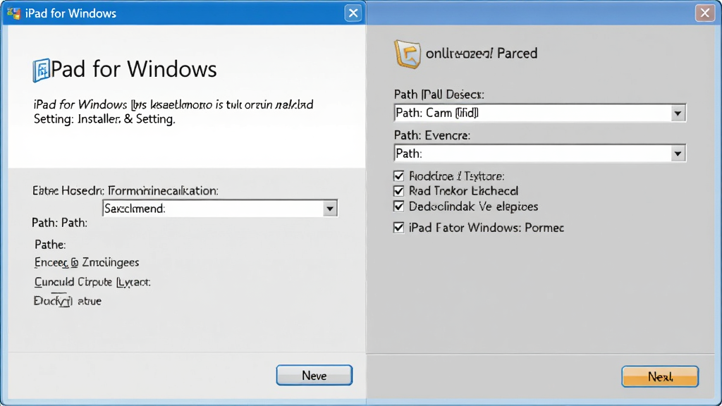 一张 iPad for Windows 软件安装与设置界面的截图,主体是安装向导窗口与设置面板,布局为左右分栏,排版整洁,风格为 Windows 经典安装界面,细节包括下一步按钮、路径选择框、勾选选项,画质高清,画面干净,无多余元素