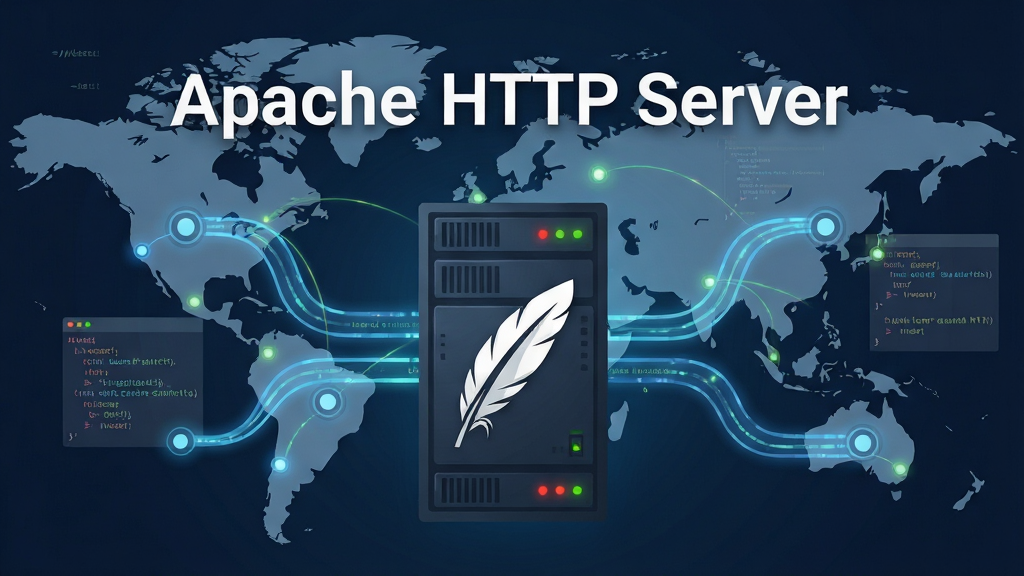 一张展示 Apache HTTP Server 软件标志与全球服务器网络节点相连的科技感概念图,主体为带有经典羽毛标识的服务器机箱置于画面中央,布局采用中心对称式构图,排版上软件名称“Apache HTTP Server”以白色无衬线字体悬浮于机箱上方,风格为现代扁平化科技插画,细节包括流动的数据光带连接着周围分布的世界地图节点、闪烁的状态指示灯与半透明的代码片段背景,画质清晰锐利,画面干净无多余元素