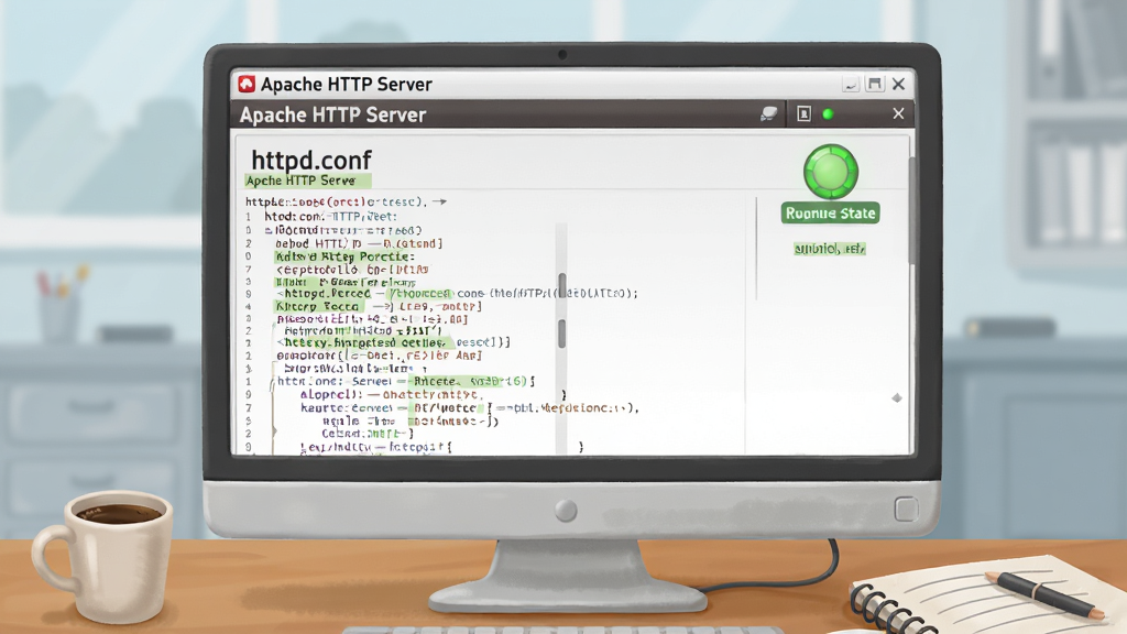 一张展示 Apache HTTP Server 管理后台配置界面的截图风格插画,主体为电脑屏幕上显示着httpd.conf配置文件内容与绿色运行状态指示灯,布局采用正面平视角度,排版上屏幕上方有“Apache HTTP Server”标题栏,风格为写实科技风,细节包括代码行高亮显示、旁边放置着一杯咖啡与笔记本、背景为整洁的办公桌面,画质清晰,画面干净无多余元素