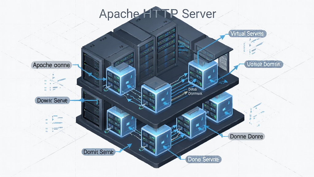 一幅描绘 Apache HTTP Server 虚拟主机功能的技术示意图,主体为一座大型数据中心机柜,布局采用分层透视结构,排版上顶部标注“Apache HTTP Server”字样,风格为简洁的商务科技蓝图风格,细节包含多个发光的虚拟服务器容器整齐排列、每个容器连接着不同的域名标签与数据流向箭头、背景是淡灰色网格线,画质高清,画面干净无多余元素