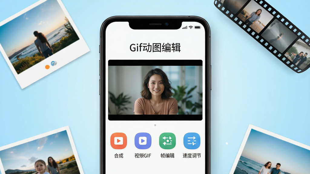 画面中央一部安卓手机屏幕亮起,屏幕上显示Gif动图编辑软件的主界面,界面上方有“Gif动图编辑”文字标题,下方排列着动图合成、视频转GIF、帧编辑、速度调节四个功能图标,手机周围散落着几张照片和一段视频胶片元素,背景为浅蓝色渐变,整体风格清新简洁,细节清晰,画质高清,干净无多余元素