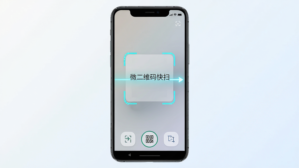 微二维码快扫软件主界面展示,主体为一部安卓手机屏幕,屏幕上显示简洁的扫码界面,中央有扫描框和提示文字
