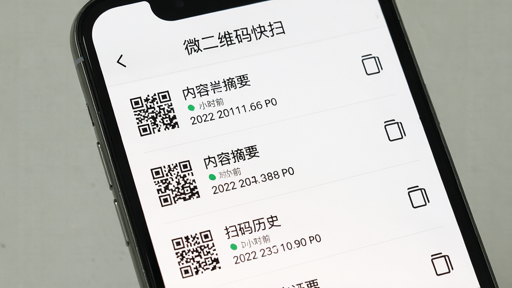 微二维码快扫历史记录页面展示,主体为手机屏幕显示扫码历史列表,每条记录包含二维码图标、内容摘要和时间戳,顶部有
