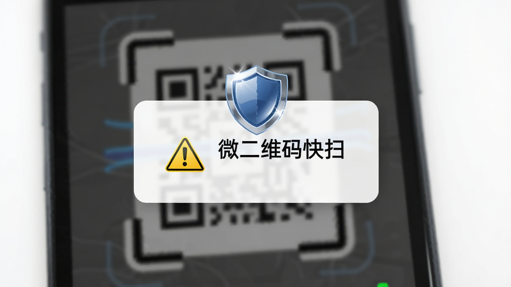 微二维码快扫安全检测提示界面,主体为手机屏幕弹出安全警告弹窗,显示盾牌图标和