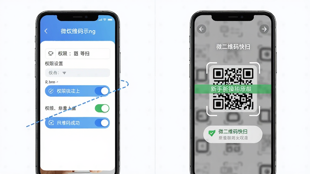 微二维码快扫新手操作示意图,主体为手机屏幕显示权限设置界面和扫码界面并排展示,布局为左右分屏对比,风格为教程图解风,细节包括权限开关按钮、扫码成功提示、