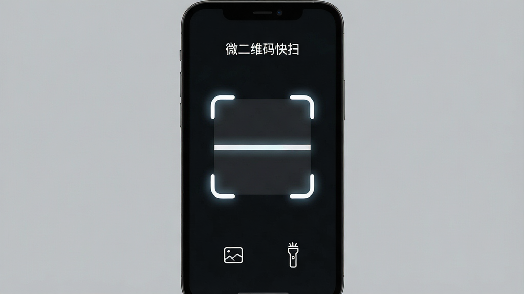 微二维码快扫纯净界面展示,主体为手机屏幕显示干净的扫码主界面,无任何广告横幅,中央扫描框清晰,底部只有相册和手电筒两个图标,顶部有