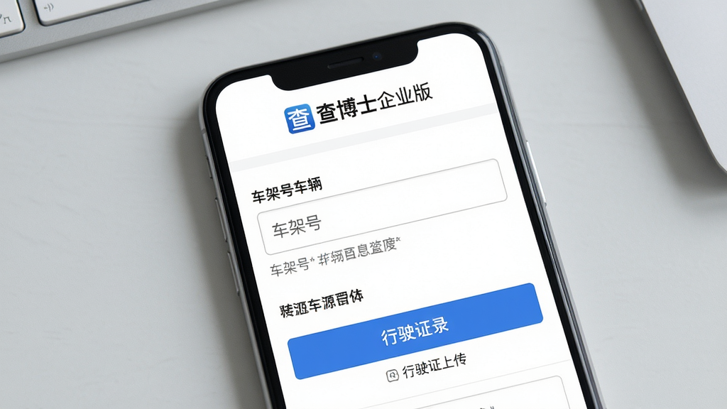 查博士企业版车源录入界面特写图,画面主体为手机屏幕显示车辆信息填写表单,表单中包含车架号输入框和行驶证上传按钮,屏幕上方有查博士企业版的标志,背景为浅灰色办公桌面,布局为居中构图,风格为清新简约的UI展示风,细节包括表单的输入框、按钮和提示文字清晰可辨,画质高清,干净,无多余元素