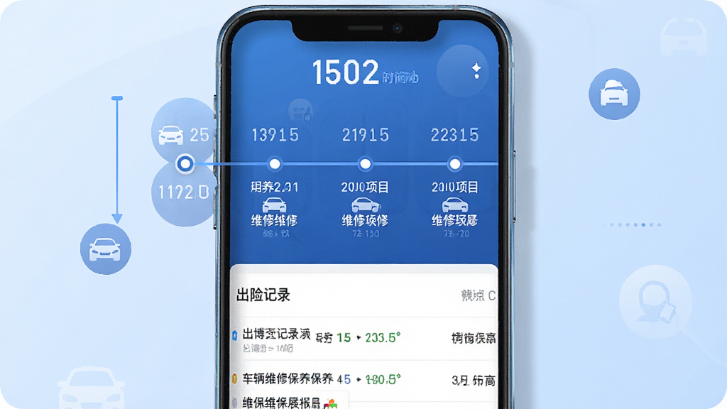 查博士企业版维保记录查询结果展示图,画面主体为手机屏幕显示车辆维修保养时间轴,时间轴上标注了保养日期和维修项目,屏幕下方有出险记录列表,背景为淡蓝色渐变,布局为上下结构,风格为数据可视化展示风,细节包括时间轴节点、图标和文字信息清晰,画质高清,干净,无多余元素