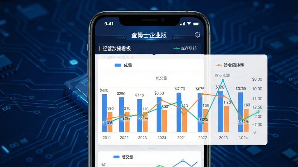查博士企业版数据报表展示图,画面主体为手机屏幕显示柱状图和折线图组合的经营数据看板,图表中包含成交量与库存周转率指标,背景为深蓝色科技感背景,布局为上下结构,风格为数据大屏展示风,细节包括图表颜色区分、数据标签和标题文字清晰,画质高清,干净,无多余元素