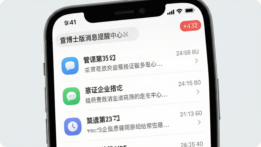 查博士企业版消息提醒中心界面图,画面主体为手机屏幕显示消息列表,每条消息带有图标和简短文字说明,屏幕顶部有未读消息数量角标,背景为浅灰色,布局为列表式排版,风格为清爽通知风,细节包括消息图标、时间戳和文字内容清晰,画质高清,干净,无多余元素