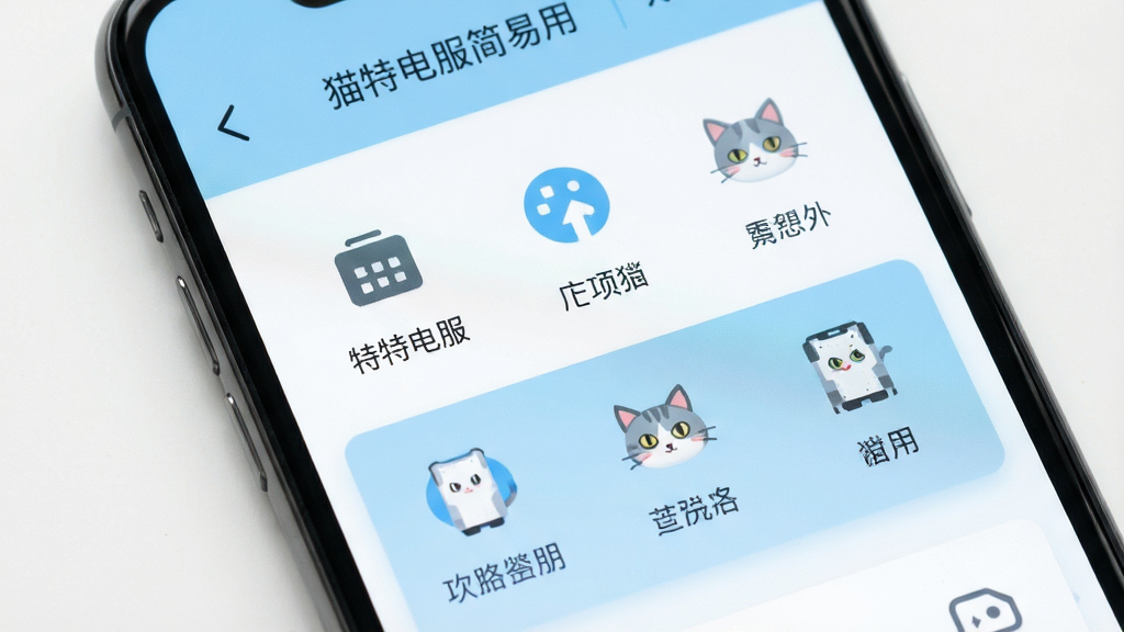 猫特电服简洁易用界面展示,画面中为手机屏幕呈现扁平化功能菜单,图标清晰,背景为白色与浅蓝搭配,布局整齐,细节清晰,画质高清,无多余元素
