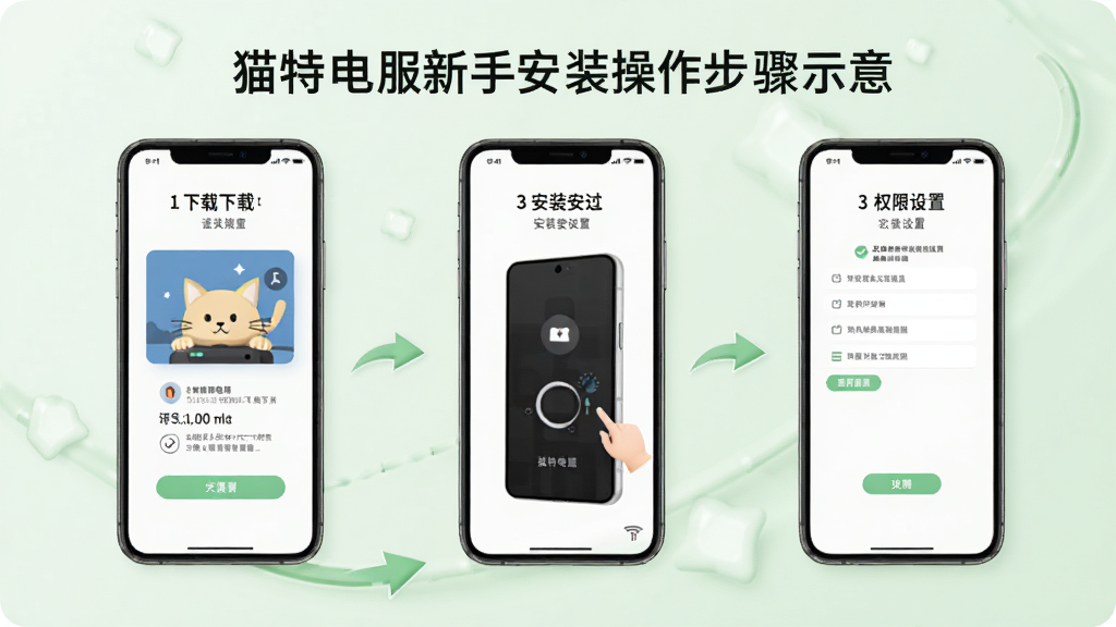 猫特电服新手安装操作步骤示意图,画面中为手机屏幕分步展示下载、安装、权限设置三个环节,背景为浅绿色柔和色调,布局横向排列,细节清晰,画质高清,无多余元素