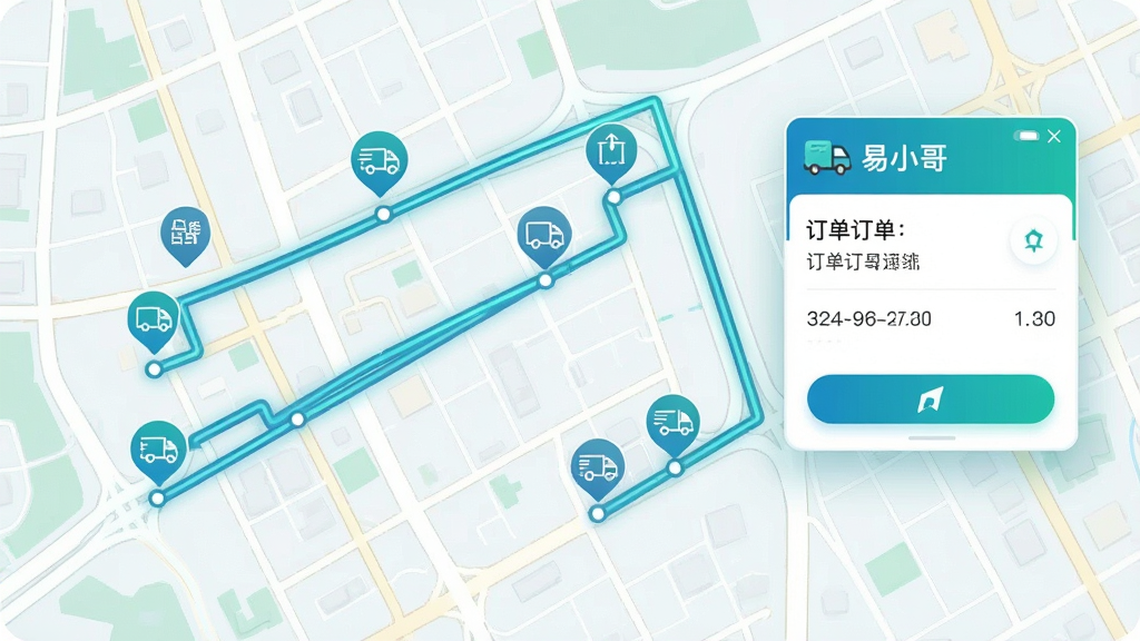 画面展示一张城市地图俯视图,地图上用高亮线条标注出一条从起点到终点的配送路线,路线上有取货点和送货点的图标标记,地图旁边悬浮着“易小哥”应用的小窗口,窗口内显示订单详情和导航按钮,整体风格为现代科技感,配色以蓝绿色为主,线条清晰,画质干净,无多余元素