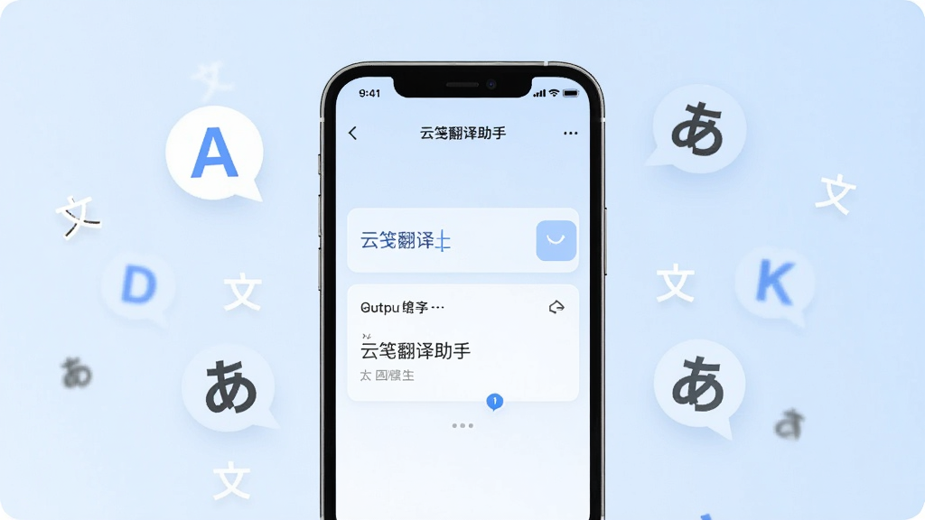 一张展示云笺翻译助手手机应用界面的图片,手机屏幕中央显示着翻译输入框和输出结果,背景是简洁的浅蓝色渐变,周围漂浮着代表不同语言的字母符号如A、文、あ,风格清新现代,画质清晰干净,无多余元素