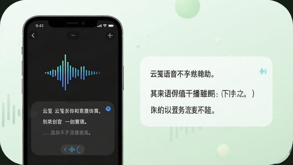 一张展示云笺翻译助手实时语音翻译功能的图片,手机屏幕显示声波图标和正在识别的文字,旁边有翻译结果,背景是柔和的浅绿色,风格现代,画质清晰