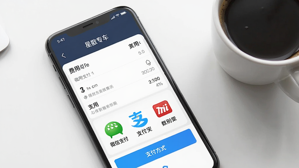 一张展示星徽专车客户端支付界面的图片,手机屏幕上显示着费用明细列表和支付方式选项,包括微信支付、支付宝等图标。背景是简洁的白色桌面,旁边放着一杯咖啡,整体风格商务简约,画质清晰,光线柔和,无多余装饰。