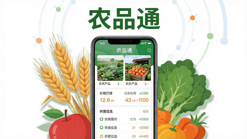 主体为一部智能手机,屏幕上展示农品通APP的首页界面,包含农产品图片、价格行情和供需信息列表;布局采用居中构图,手机周围环绕着小麦、苹果、蔬菜等农产品元素;排版清晰,上方留白处放置“农品通”三个字;风格为扁平化科技感,色彩以绿色和橙色为主,传递农业与互联网结合的氛围;细节上手机屏幕有轻微反光,农产品元素带有柔和阴影;画质高清,干净,无多余元素
