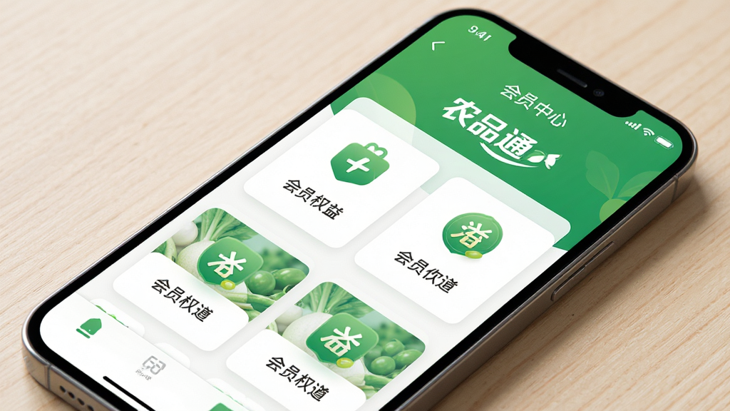 主体为手机屏幕特写,屏幕上显示农品通APP的会员中心页面,包含“农品通”标识和会员权益图标;布局为手机斜放,背景为浅色木质桌面;排版上会员权益以卡片形式排列;风格为清新简约风,绿色和白色为主色调;细节上手机边缘有柔和阴影,权益图标精致;画质高清,干净,无多余元素