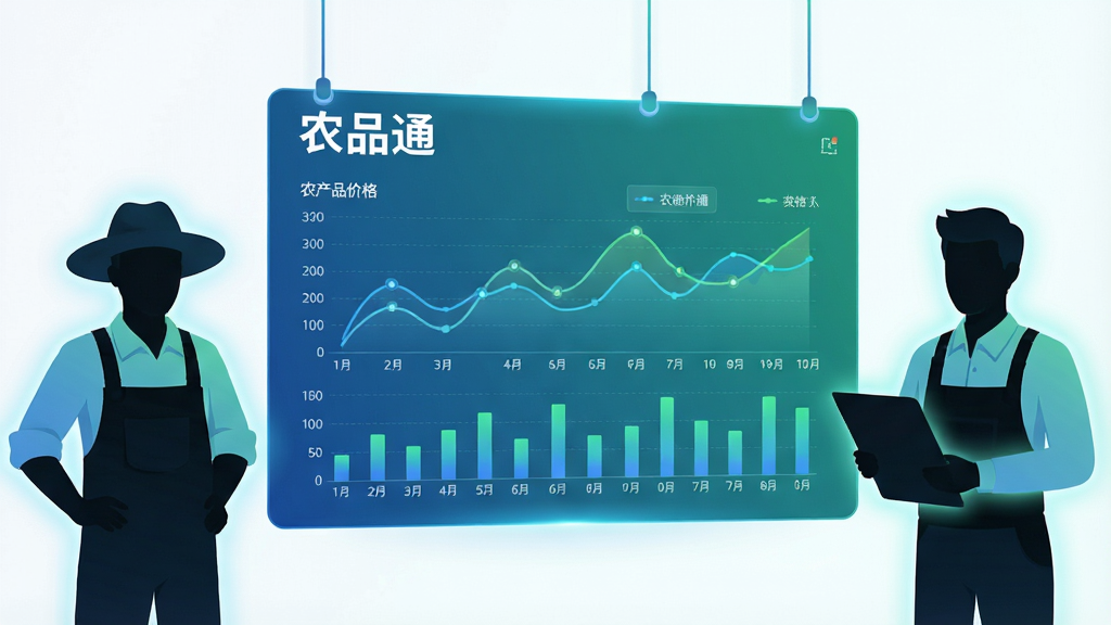主体为一块悬浮的虚拟数据面板,面板上显示“农品通”文字和农产品价格折线图、柱状图;布局为面板居中,左右两侧分别有农民和采购商形象的人物剪影;排版上数据图表占据主要视觉区域;风格为现代商务科技风,蓝色与绿色渐变背景;细节上图表线条清晰,人物剪影带有光晕效果;画质高清,干净,无多余元素